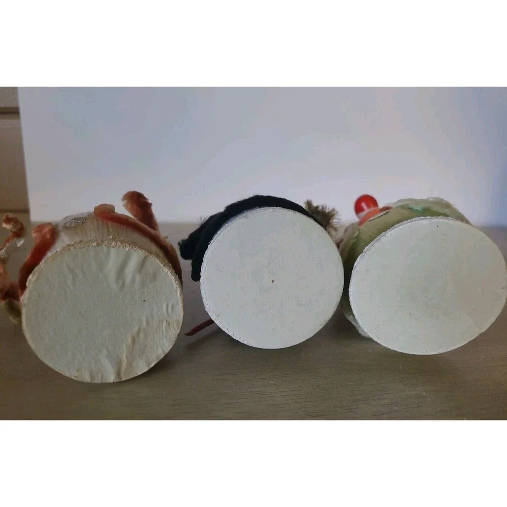 Lot 3 Rubber Plastic Head Satin Ball Figurine Elf Snowman Clown Styrofoam Base